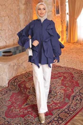 Lacivert Kol Lastikli Fırfırlı Tunik