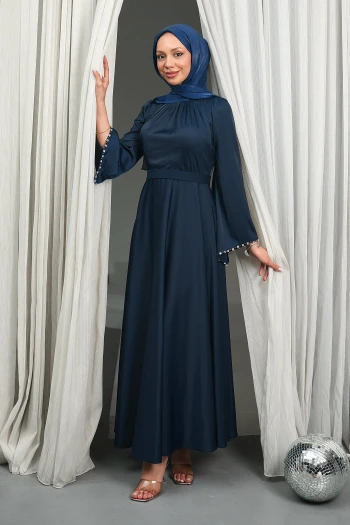 Lacivert Kolları Taşlı Kuşaklı Saten Abiye