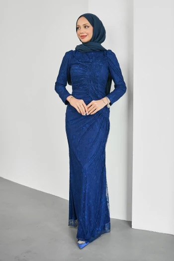 Lacivert Önü Büzgülü Güpürlü Abiye