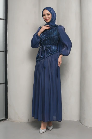 Lacivert Önü Dalgalı Organze Piliseli Abiye