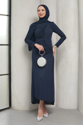 Lacivert Önü Drapeli Balık Model Abiye