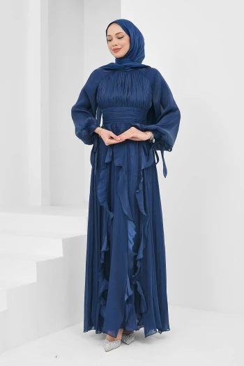 Lacivert Önü Drapeli Kol Bağlamalı Abiye