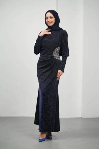 Lacivert Önü Drapeli Taşlı Abiye