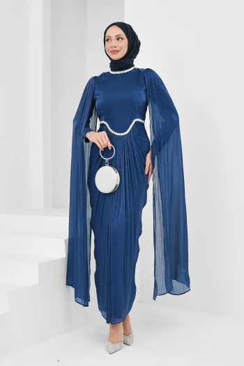 Lacivert Önü Drapeli Taşlı Abiye