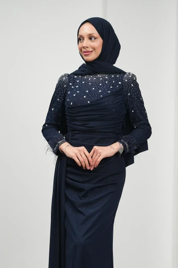 Lacivert Önü Drapeli Taşlı Abiye