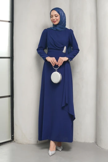 Lacivert Önü Drapeli Taşlı Abiye