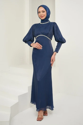 Lacivert Önü Piliseli Taşlı Abiye