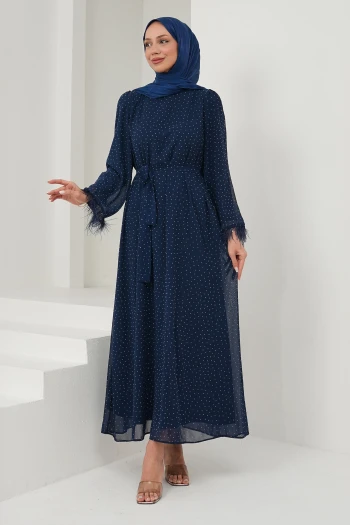 Lacivert Serpme Taşlı Kolu Tüğlü Abiye