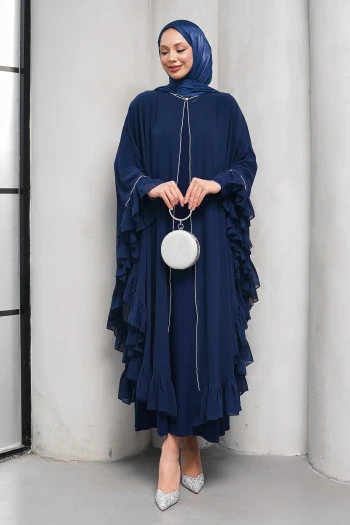 Lacivert Taş Detaylı Fırfırlı İkili Abaya Takım