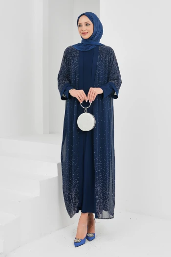 Lacivert Taş Detaylı İkili Abaya Takım