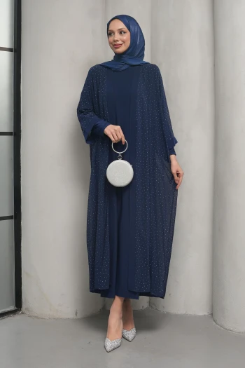 Lacivert Taş İşlemeli İkili Abaya Takım