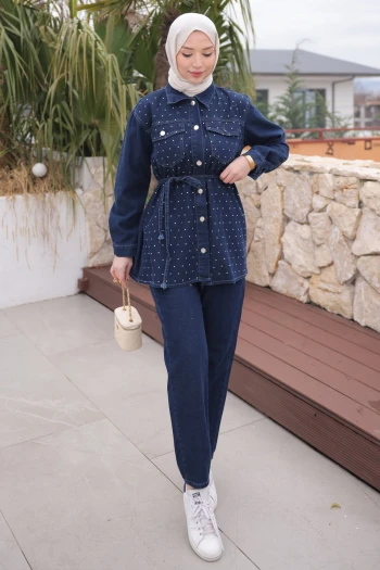 Lacivert Taşlı Ceket Pantolonlu Takım