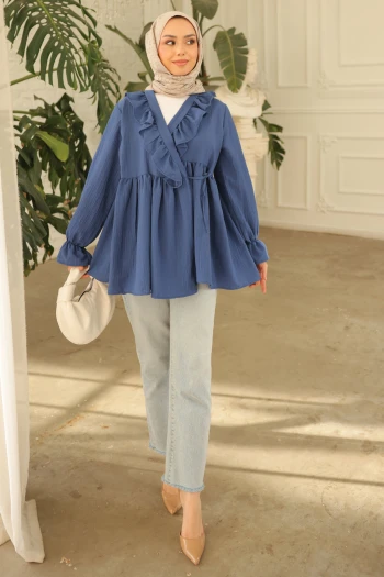 Lacivert Yaka Fırfırlı Yan Bağlamalı Kol Lastikli Tunik