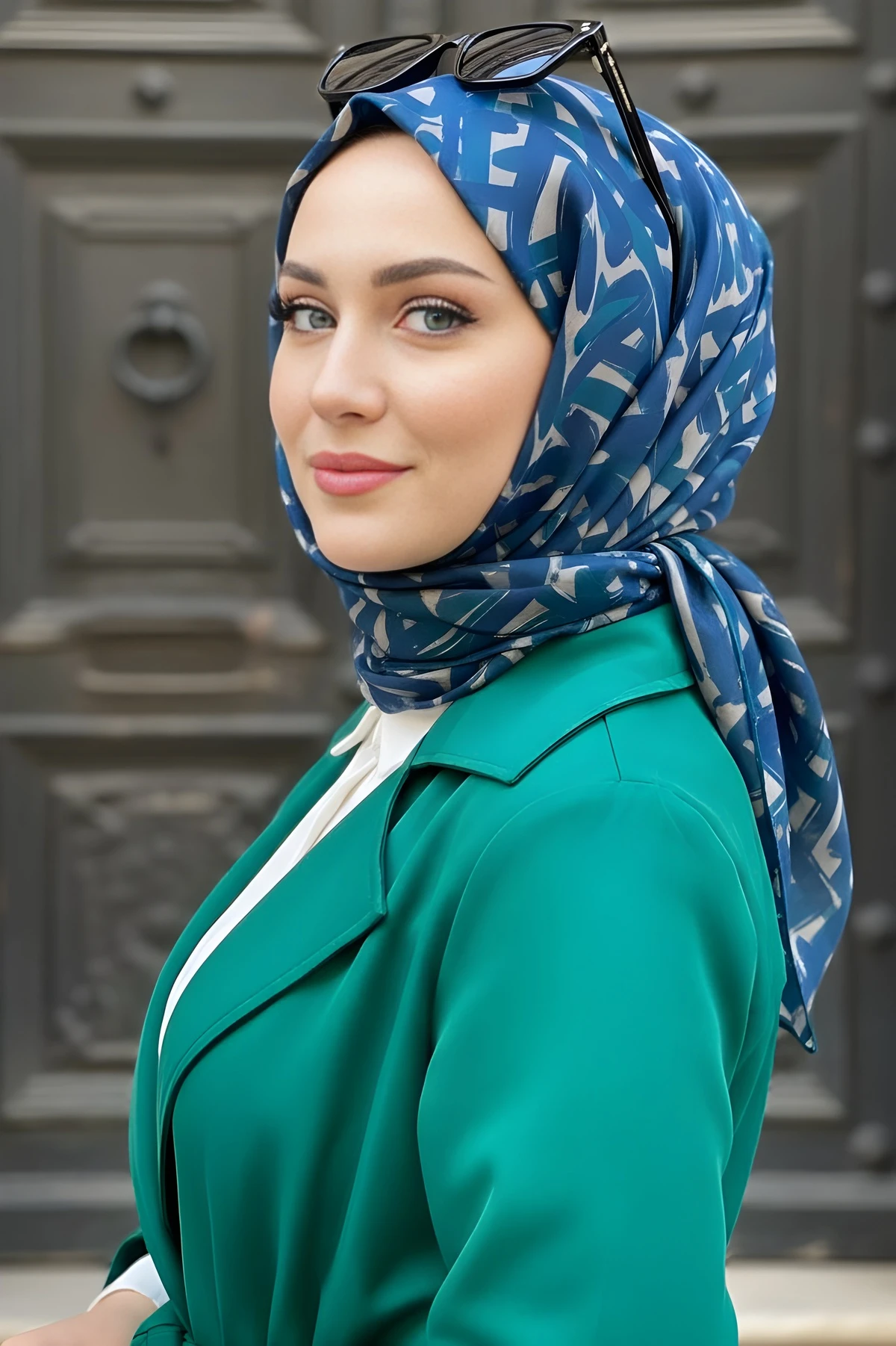 Lacivert Zümrüt Silk Home Soft Dijital Pamuklu Eşarp