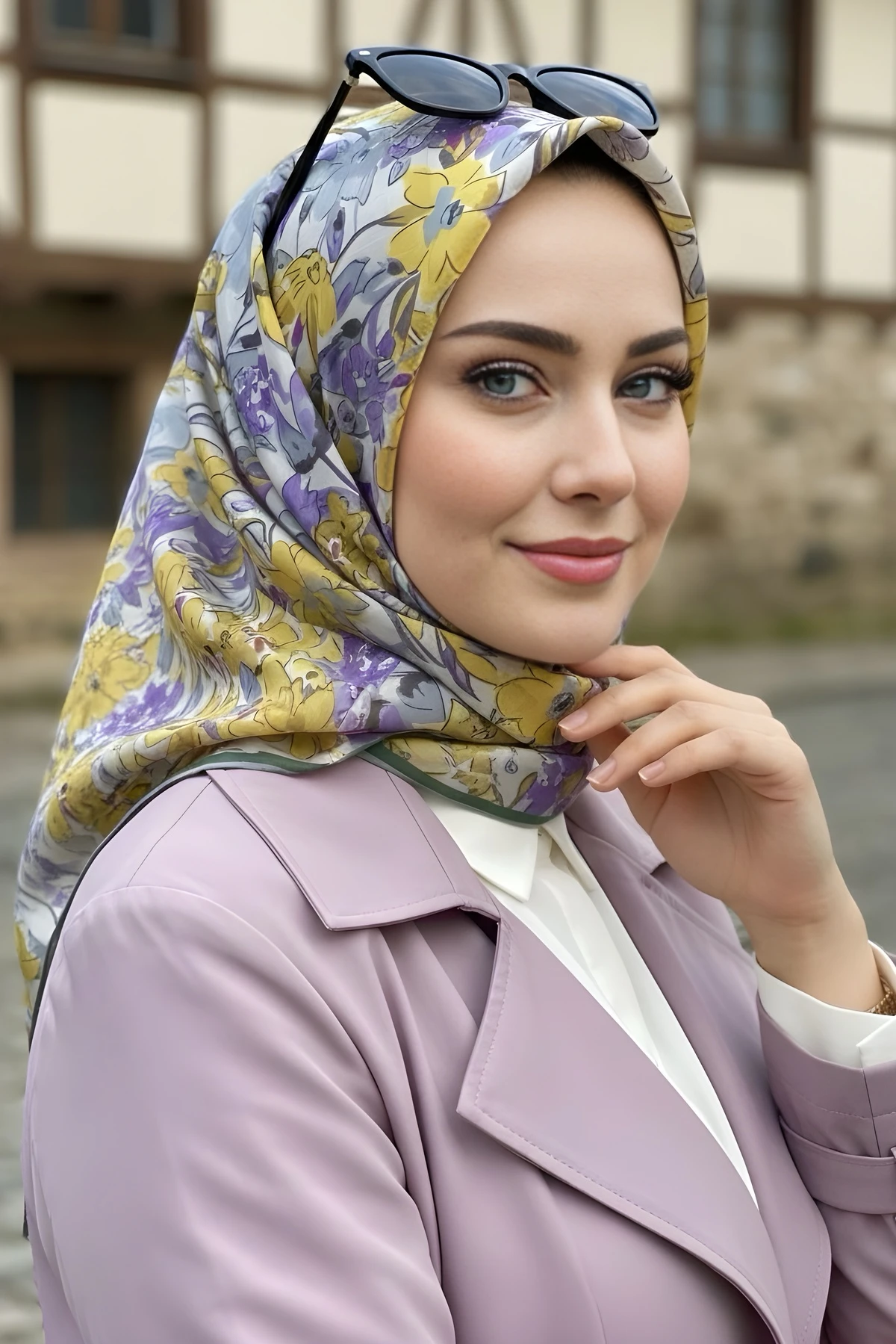 Lila/Sarı Silk Home Soft Dijital Pamuklu Eşarp