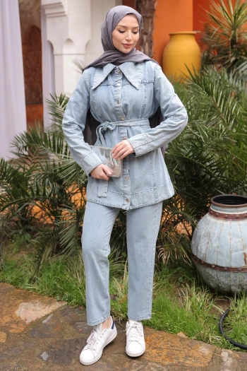 Mavi Bel Kuşaklı Kot Ceket Pantolon Takım
