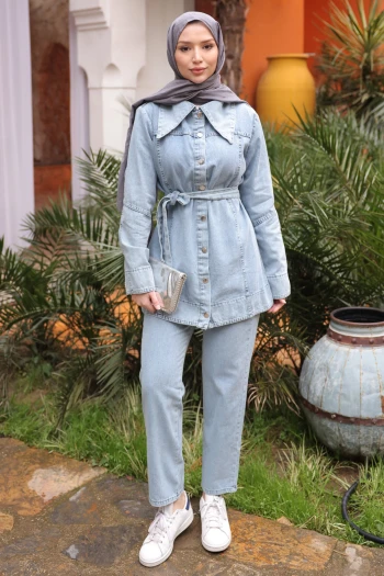 Mavi Bel Kuşaklı Kot Ceket Pantolon Takım