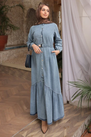 Mavi Düğmeli Lastik Kemerli Kot Elbise