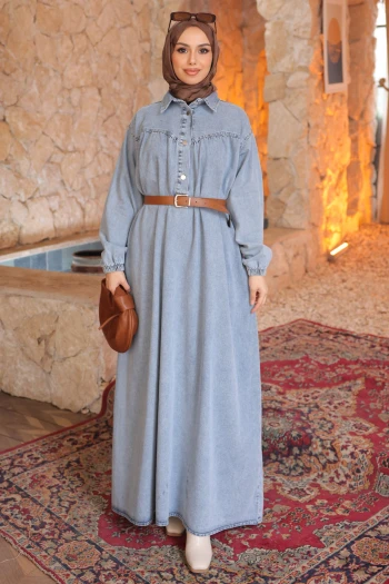 Mavi Kol Lastikli Kemerli Kot Elbise