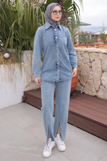 Mavi Taşlı Ceket Pantolonlu Kot Takım