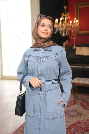 Mavi Yarım Fermuarlı Cepli Kot Elbise