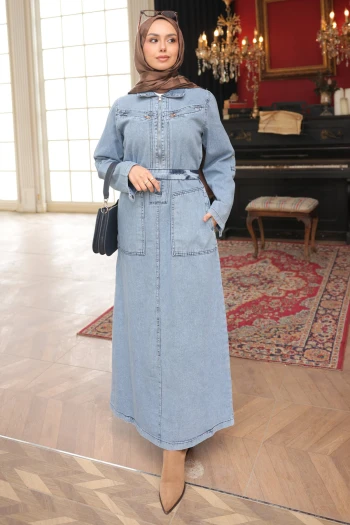 Mavi Yarım Fermuarlı Cepli Kot Elbise