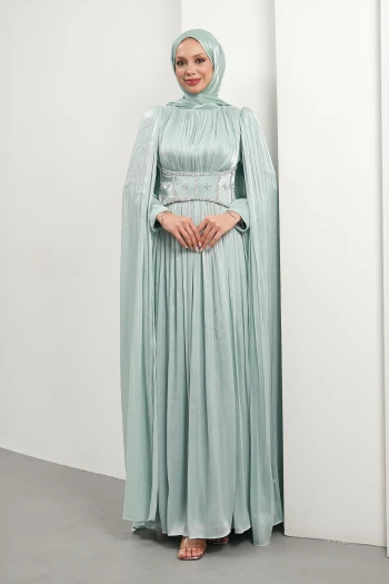 Mint Yeşili Beli Taşlı Pelerinli Piliseli Abiye