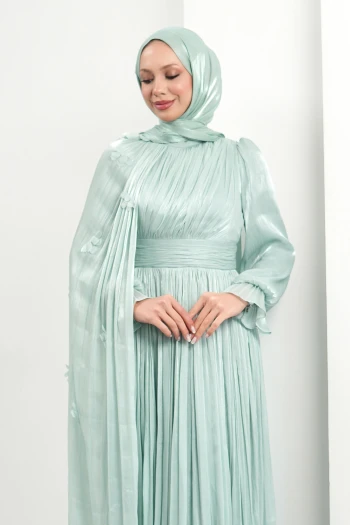Mint Yeşili Pelerin Detaylı Piliseli Abiye