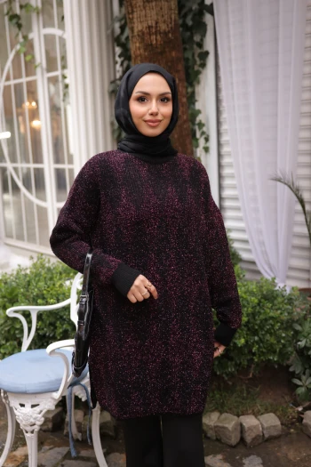 Mor Bisiklet Yaka Simli Triko Kazak