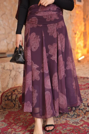 Mor Desenli Beli Büzgü Detaylı İçi Astarlı Şifon Etek