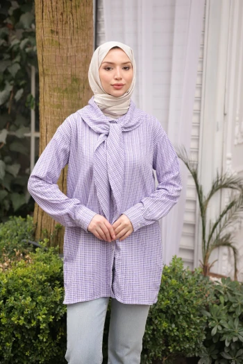 Mor Yaka Detaylı  Pötikareli Tunik Gömlek