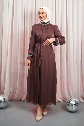 Mürdüm Kol Yaka Taşlı Abiye