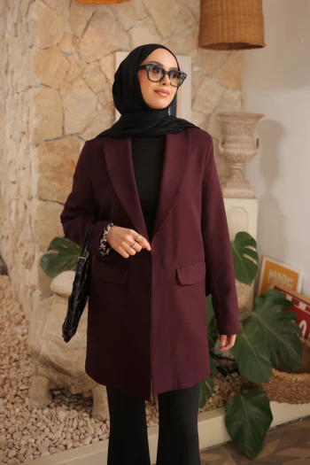 Mürdüm Kruvaze Yaka Cepli Blazer Ceket