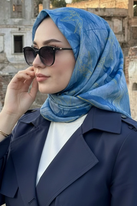 Petrol Mavisi Soft Dijital Pamuklu Eşarp