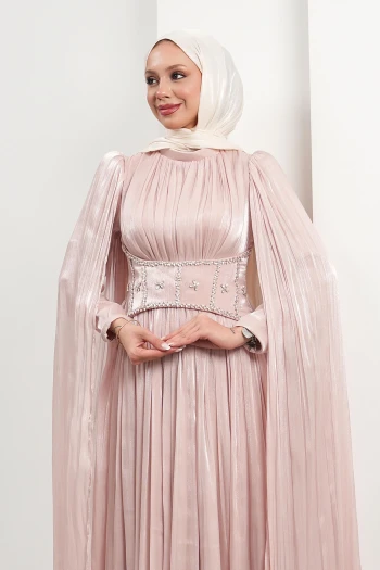 Pudra Beli Taşlı Pelerinli Piliseli Abiye