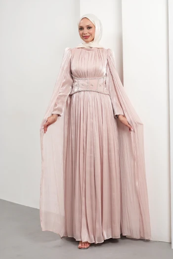 Pudra Beli Taşlı Pelerinli Piliseli Abiye