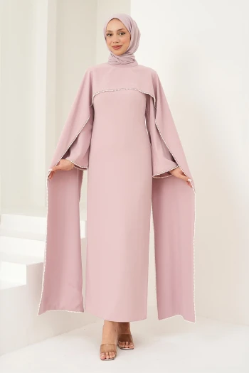 Pudra İnci Detaylı Pelerinli Abiye