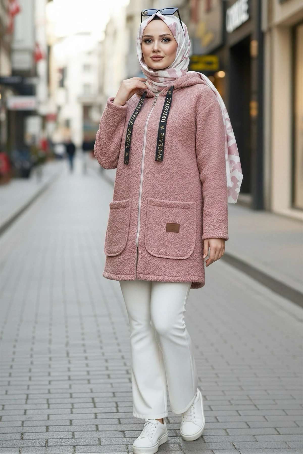 Pudra Kapşonlu Fermuarlı Buklet Ceket