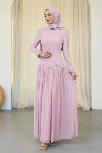 Pudra Sırt Bağlamalı Taşlı Abiye