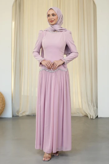 Pudra Sırt Bağlamalı Taşlı Abiye