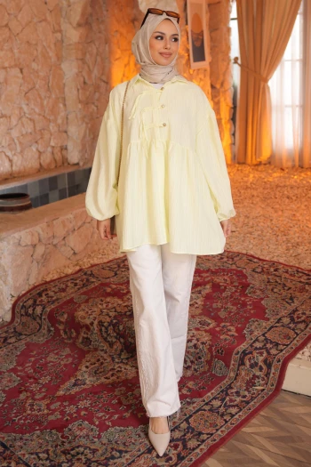 Sarı Kol Lastikli Önü Düğmeli Biyeli Tunik
