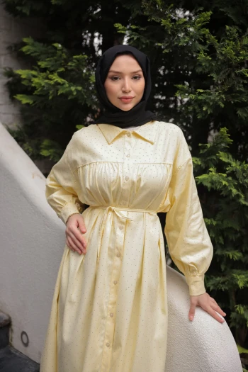 Sarı Oversize Taşlı Düğmeli Gabardin Tunik