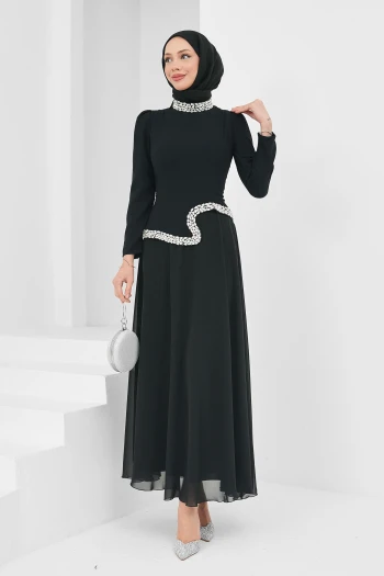 Siyah Asimetrik Detaylı Taşlı Abiye