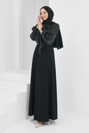 Siyah Balon Kol Taş Detaylı Abiye