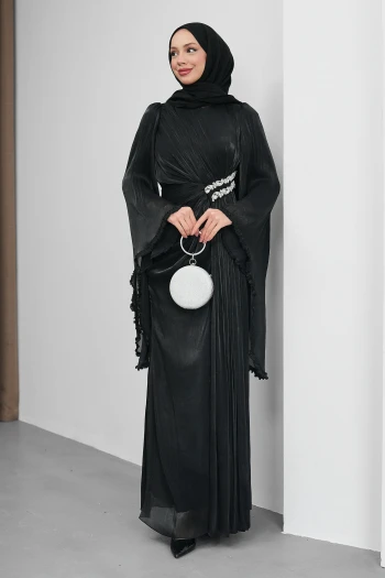 Siyah Bel Taşlı Şifon Abiye