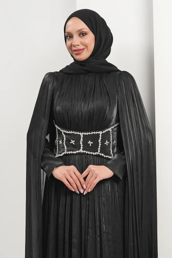 Siyah Beli Taşlı Pelerinli Piliseli Abiye