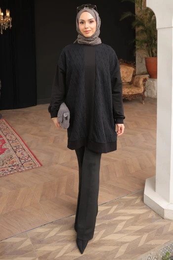 Siyah Bisiklet Yaka Kendinden Desenli Kol Lastikli Tunik