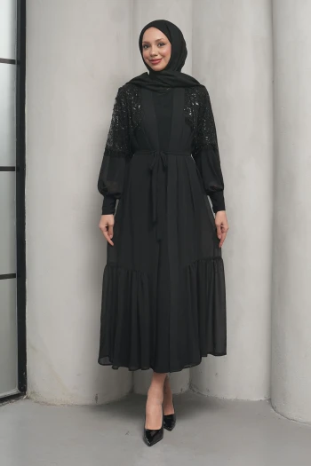 Siyah Boncuk İşlemeli İkili Abaya Takım