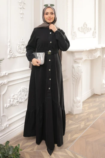 Siyah Düğmeli Lastik Kemerli Kot Elbise