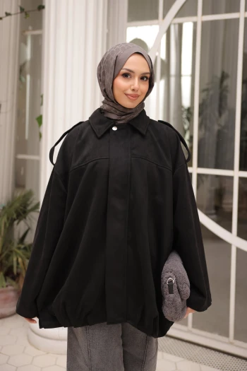 Siyah Eteği Pileli Oversize Süet Ceket